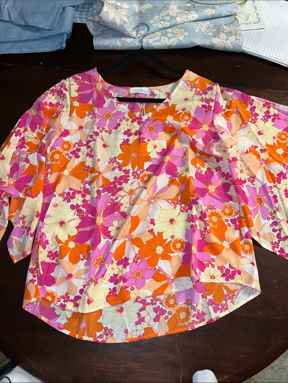 Vibrant Floral Boatneck Blouse in Pink, Orange & Cream - Women